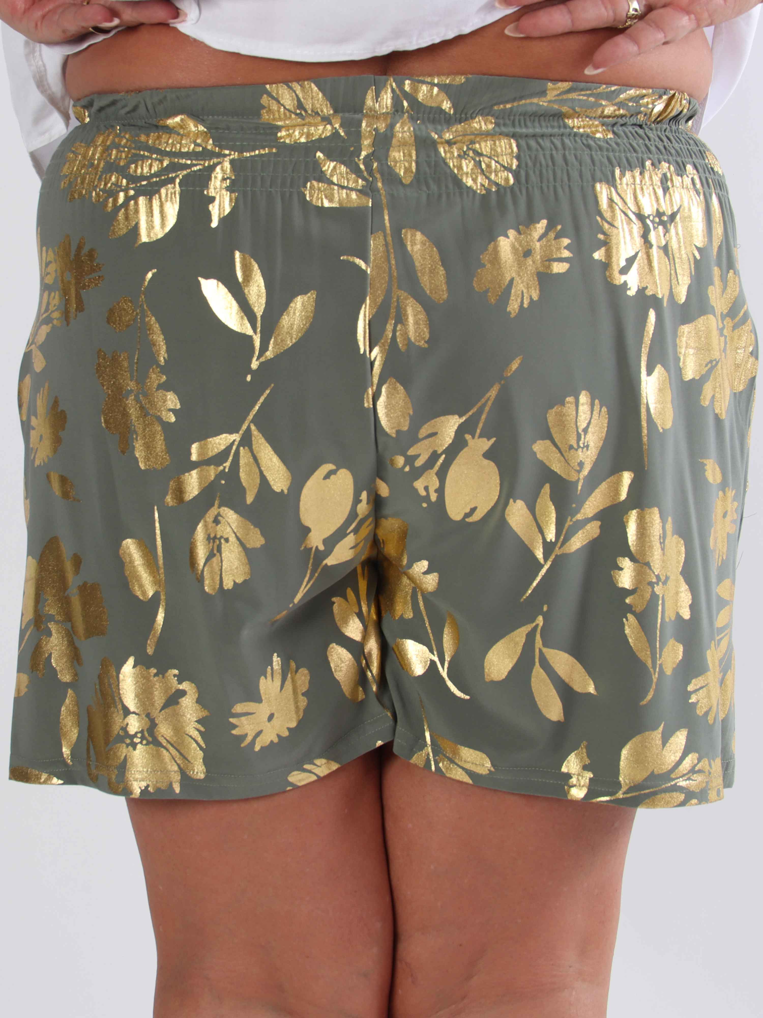 Pams Gold Flower Shorts - Elastiske plus size shorts med guld blade